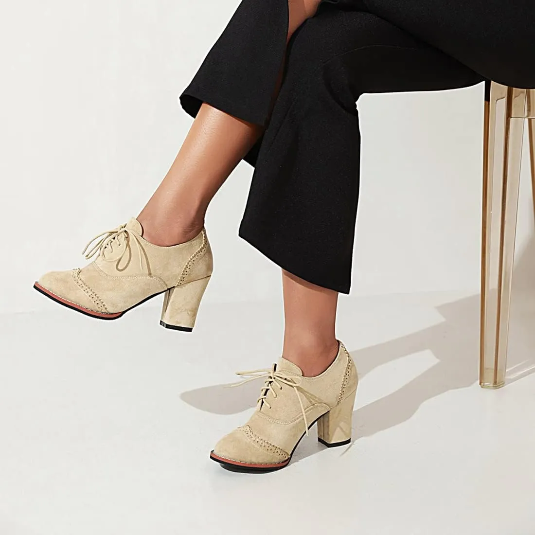 VOKLIN Women's Retro Round Toe Lace Up Dress Pumps Vegan Suede Chunky Block High Heel Work Office Pump Shoes
