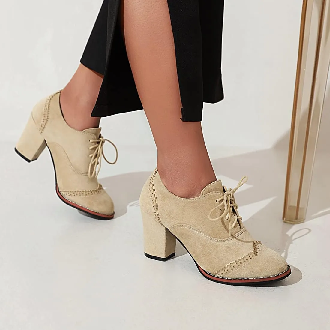 VOKLIN Women's Retro Round Toe Lace Up Dress Pumps Vegan Suede Chunky Block High Heel Work Office Pump Shoes