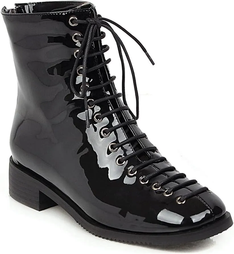 VOKLIN Women's Square Toe Western Dressy Ankle Boots Patent Leather Lace Up Zip Flat Low Heel Short Booties