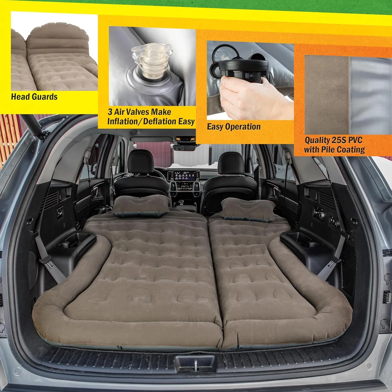 Wakeman Inflatable Mattress - Car Air Mattress for SUV or Tent with Aux Outlet Pump and 2 Inflatable Pillows - Car Camping Gear Outdoors (Gray)