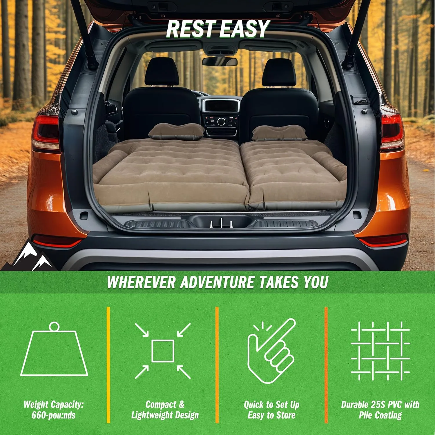 Wakeman Inflatable Mattress - Car Air Mattress for SUV or Tent with Aux Outlet Pump and 2 Inflatable Pillows - Car Camping Gear Outdoors (Gray)