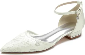 Wedding Shoes for Bride Flat Women Closed Toe Buckle Lace Wedding Bridal Court Shoes