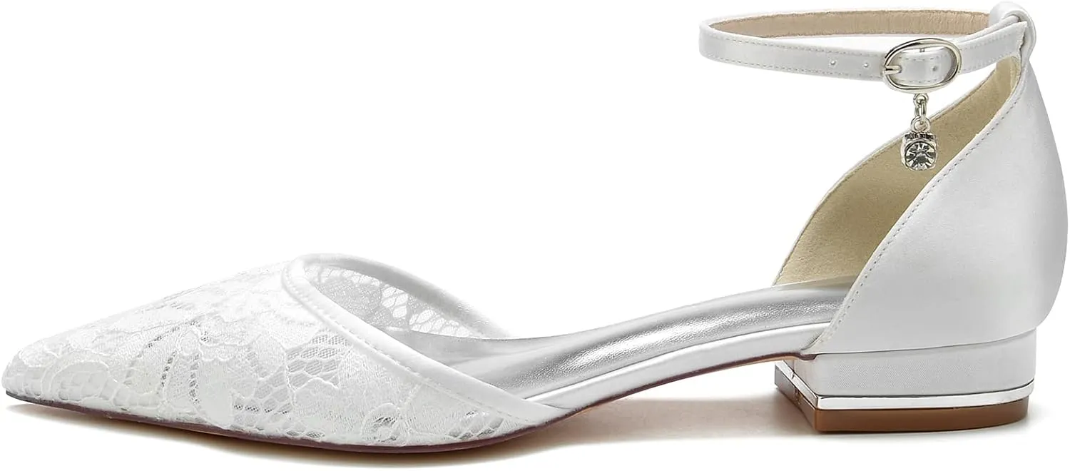 Wedding Shoes for Bride Flat Women Closed Toe Buckle Lace Wedding Bridal Court Shoes