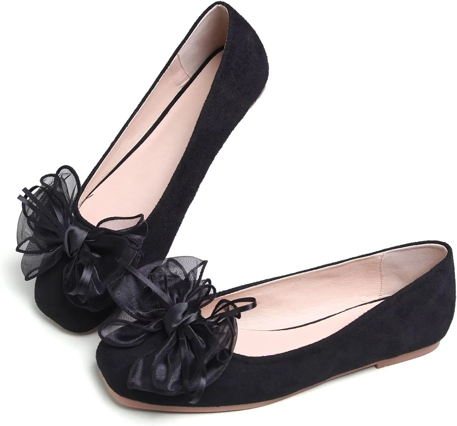 WENJIAZHIZHI Ballet Flats for Women Lace Bowtie Bowknot Square Toe Slip on Dressy Flat Shoes