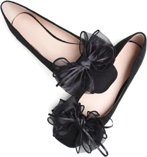 WENJIAZHIZHI Ballet Flats for Women Lace Bowtie Bowknot Square Toe Slip on Dressy Flat Shoes