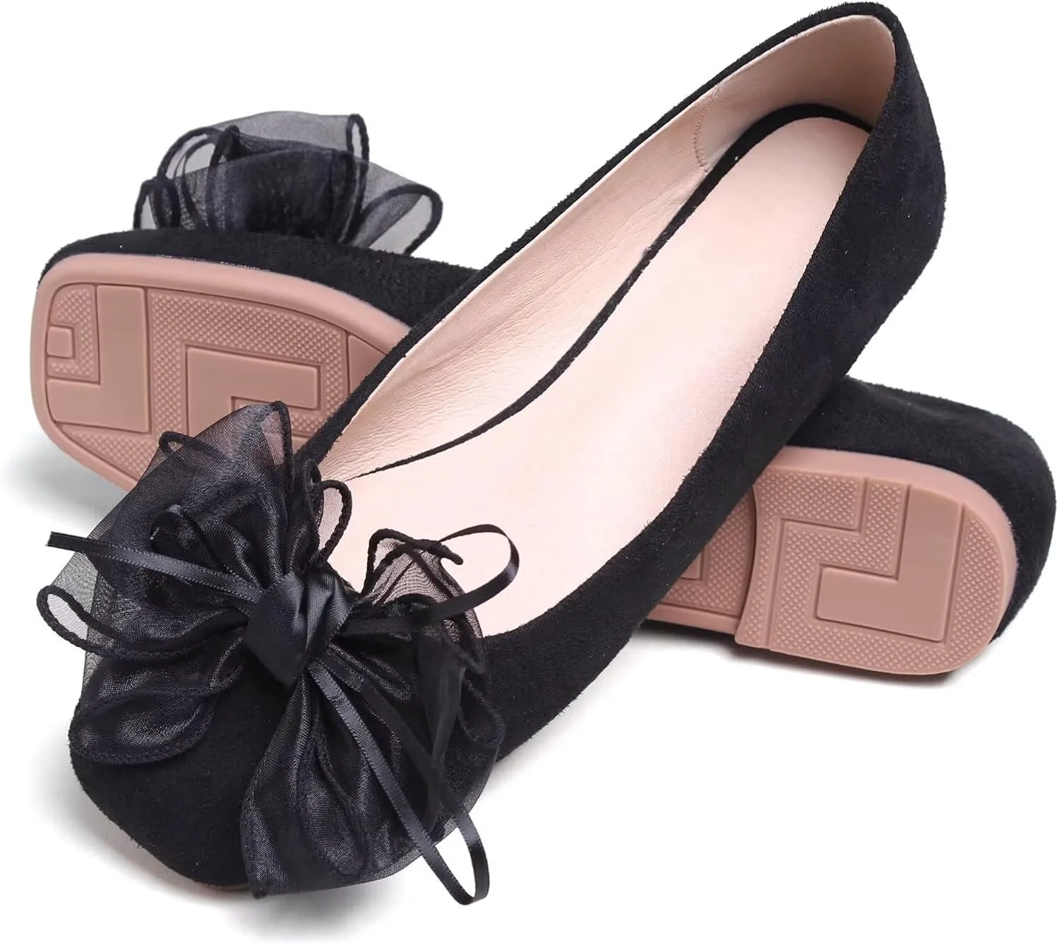 WENJIAZHIZHI Ballet Flats for Women Lace Bowtie Bowknot Square Toe Slip on Dressy Flat Shoes