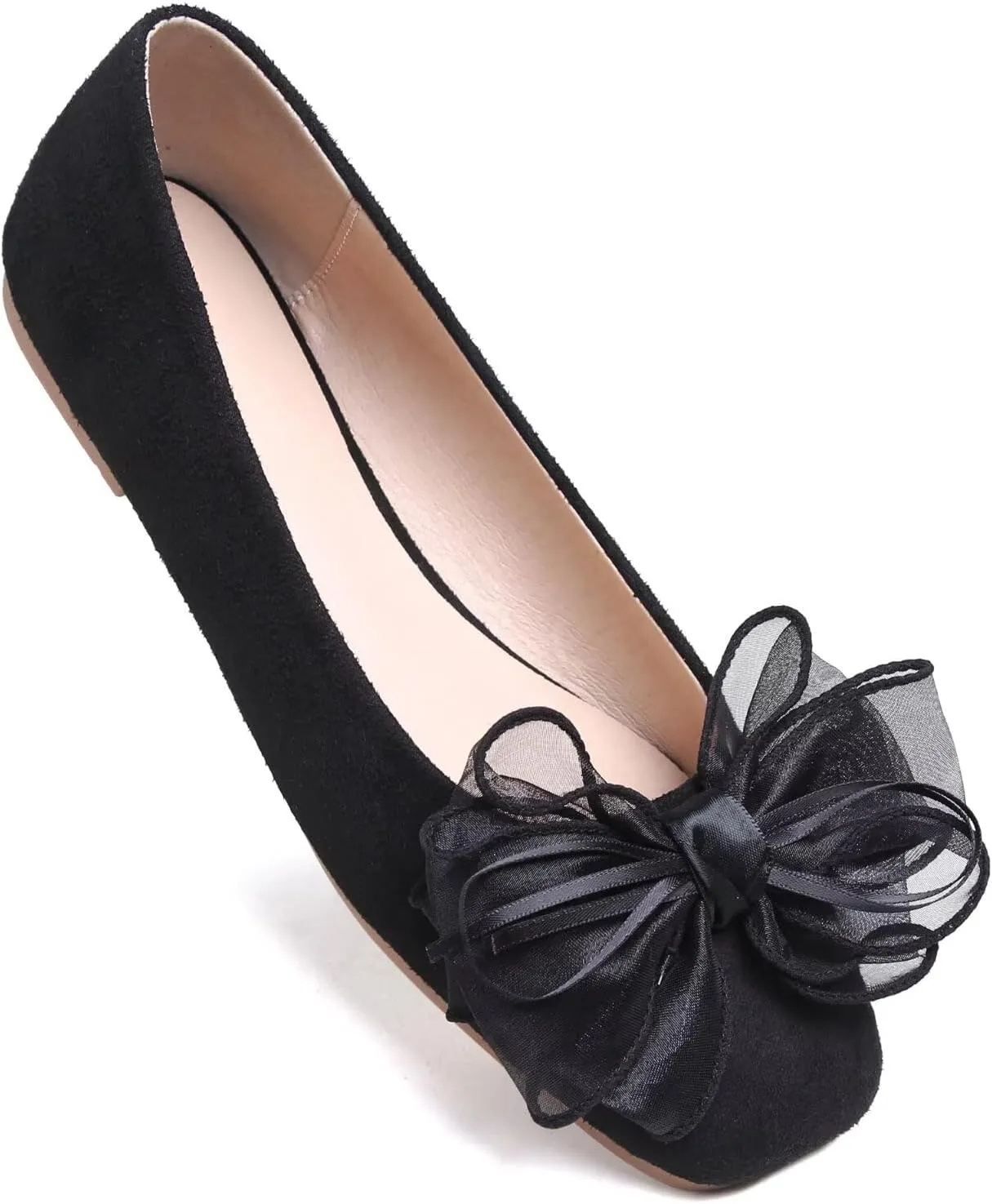 WENJIAZHIZHI Ballet Flats for Women Lace Bowtie Bowknot Square Toe Slip on Dressy Flat Shoes