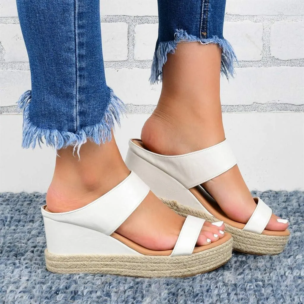Wide Width Espadrilles Slide Sandals for Women Summer Peep Toe Orthopedic Low Wedge Heel Slip On Sandal Ladies Arch Support Two Strap Cushion Footbed Comfy Shoes Casual Shoe for Outdoor Indoor