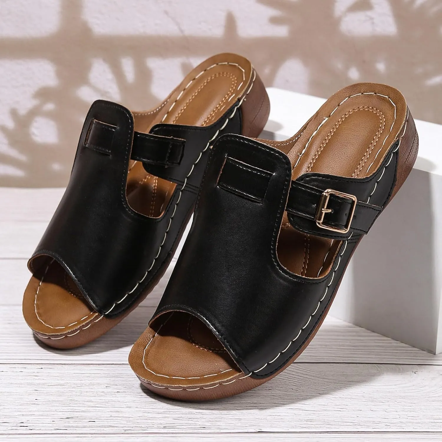 Wide Width Wedge Sandals for Women Orthopedic Peep Toe Adjustable Strap Slip On Slides Ladies Low Heel Comfy Cushioned Footbed Arch Support Recovery Mules Casual Shoes for Outdoor Indoor
