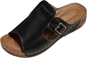 Wide Width Wedge Sandals for Women Orthopedic Peep Toe Adjustable Strap Slip On Slides Ladies Low Heel Comfy Cushioned Footbed Arch Support Recovery Mules Casual Shoes for Outdoor Indoor