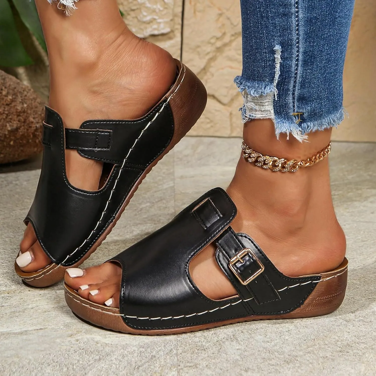 Wide Width Wedge Sandals for Women Orthopedic Peep Toe Adjustable Strap Slip On Slides Ladies Low Heel Comfy Cushioned Footbed Arch Support Recovery Mules Casual Shoes for Outdoor Indoor