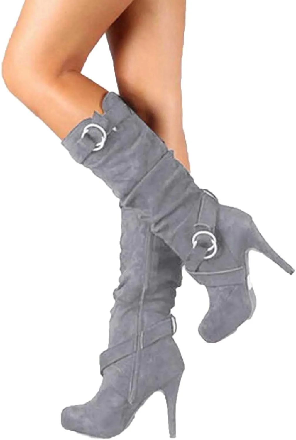 wodceeke Women's Stiletto High Heel Suede Boots Knee High Platform Sexy Boots Side Zippr Winter Dress Boots