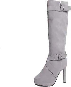 wodceeke Women's Stiletto High Heel Suede Boots Knee High Platform Sexy Boots Side Zippr Winter Dress Boots