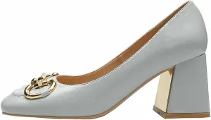 WOilERQ Women's Pump High Heels Square Head Shallow Mouth Chunky Block High Heel Metal Buckle Decorate Single Shoe LUS Size Fashion Shoes Suitable for Women,Blue,38