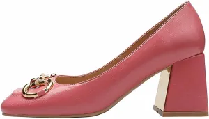 WOilERQ Women's Pump High Heels Square Head Shallow Mouth Chunky Block High Heel Metal Buckle Decorate Single Shoe LUS Size Fashion Shoes Suitable for Women,Pink,40