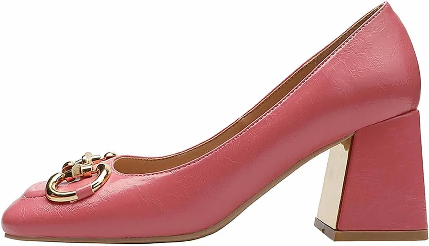WOilERQ Women's Pump High Heels Square Head Shallow Mouth Chunky Block High Heel Metal Buckle Decorate Single Shoe LUS Size Fashion Shoes Suitable for Women,Pink,40
