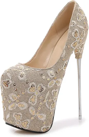 WOilERQ Women's Super Stiletto Sandals Lace Sequins Red Platform Pump Stiletto Heels Round Head Mesh Fabric Sexy High Heel Suitable for Women,Gold,50