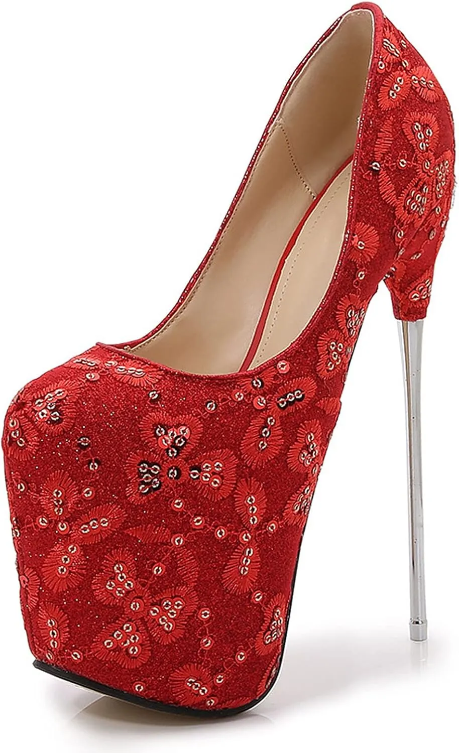 WOilERQ Women's Super Stiletto Sandals Lace Sequins Red Platform Pump Stiletto Heels Round Head Mesh Fabric Sexy High Heel Suitable for Women,Red,50