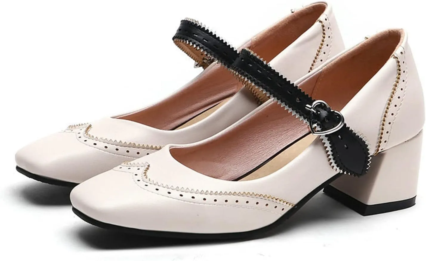 Women Fashion Square Toe Dress Pumps Retro Ankle Strap Mary Janes Retro Mid Block Heel Brogue Shoes