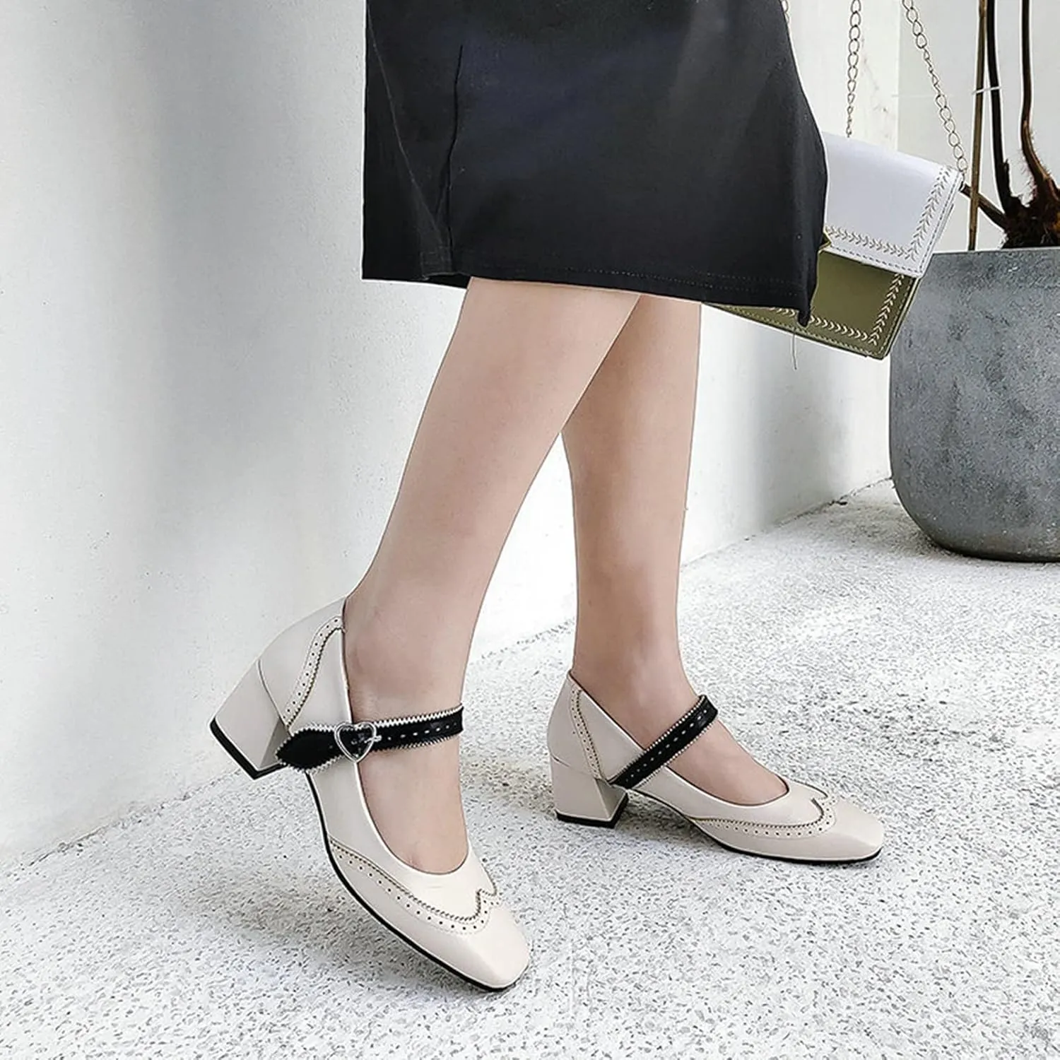 Women Fashion Square Toe Dress Pumps Retro Ankle Strap Mary Janes Retro Mid Block Heel Brogue Shoes