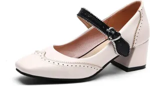 Women Fashion Square Toe Dress Pumps Retro Ankle Strap Mary Janes Retro Mid Block Heel Brogue Shoes