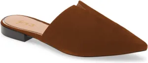 Women Fashion Suede Mules, Sexy Closed Pointed Toe Flat Loafer, Low Heel Backless Mule Sandals, V Cut Lightweight Slip on Walking Shoes for Ladies, Elegant Dress Casual Slippers, Full Size 4-16 M US