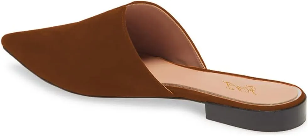 Women Fashion Suede Mules, Sexy Closed Pointed Toe Flat Loafer, Low Heel Backless Mule Sandals, V Cut Lightweight Slip on Walking Shoes for Ladies, Elegant Dress Casual Slippers, Full Size 4-16 M US