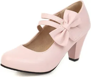 Women High Heel Mary Jane Dress Shoes Double Ankle Strap Sweet Bows Fashion Round Toe Uniform Pumps
