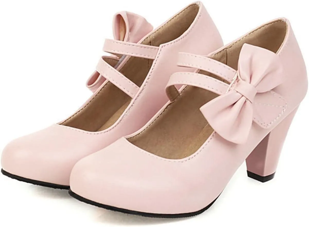 Women High Heel Mary Jane Dress Shoes Double Ankle Strap Sweet Bows Fashion Round Toe Uniform Pumps