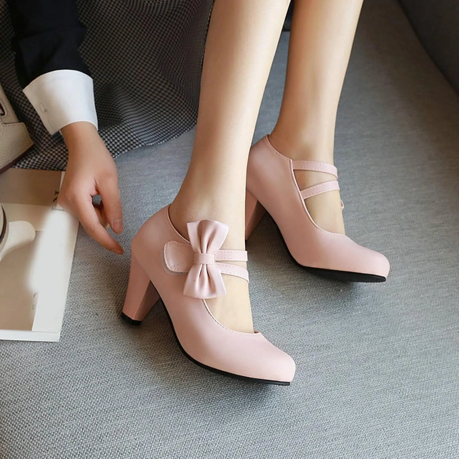 Women High Heel Mary Jane Dress Shoes Double Ankle Strap Sweet Bows Fashion Round Toe Uniform Pumps