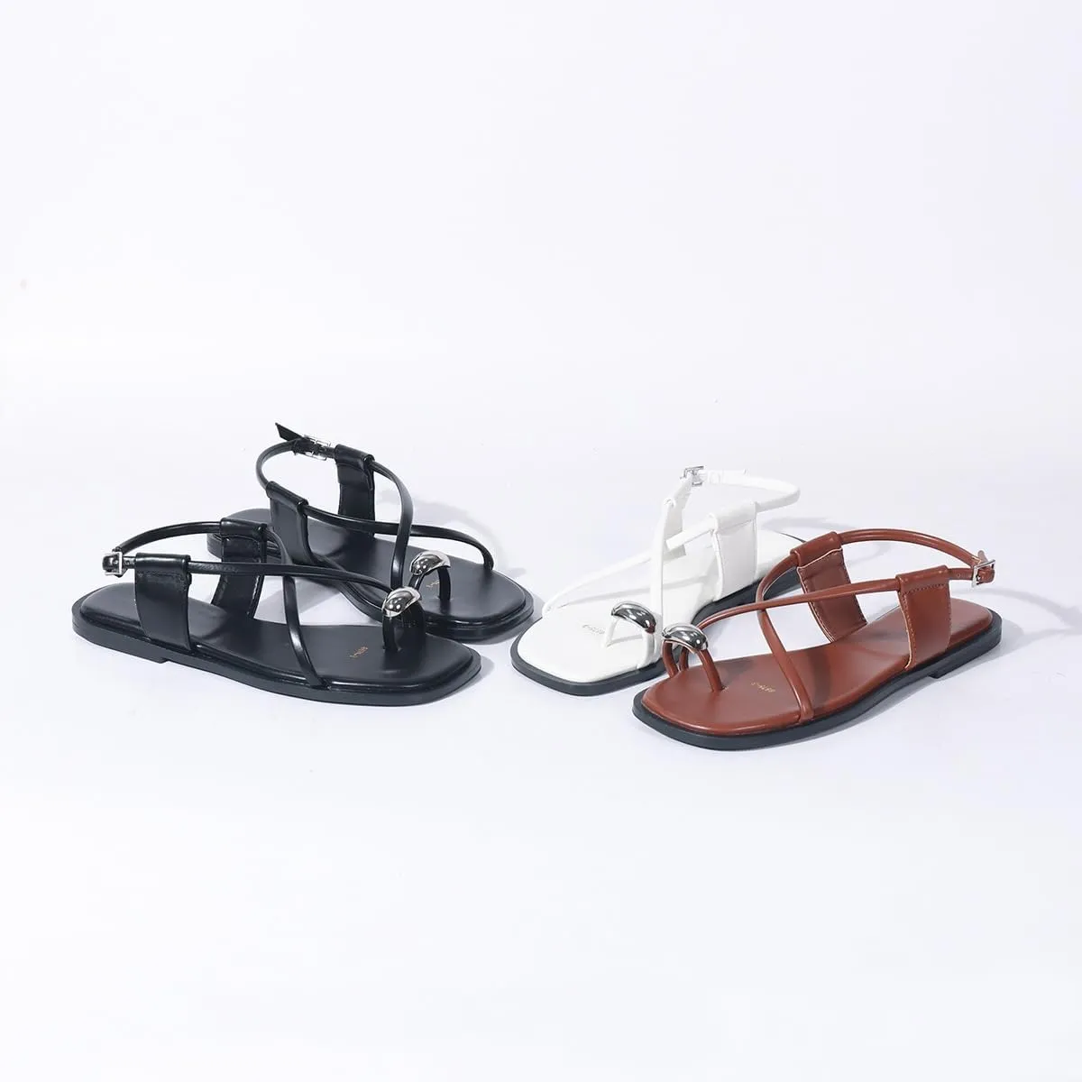 Women Leather Strappy Metal Button Toe Ring Sandals with Adjustable Ankle Buckle Open Toe Flat Summer Beach Casual Sandals