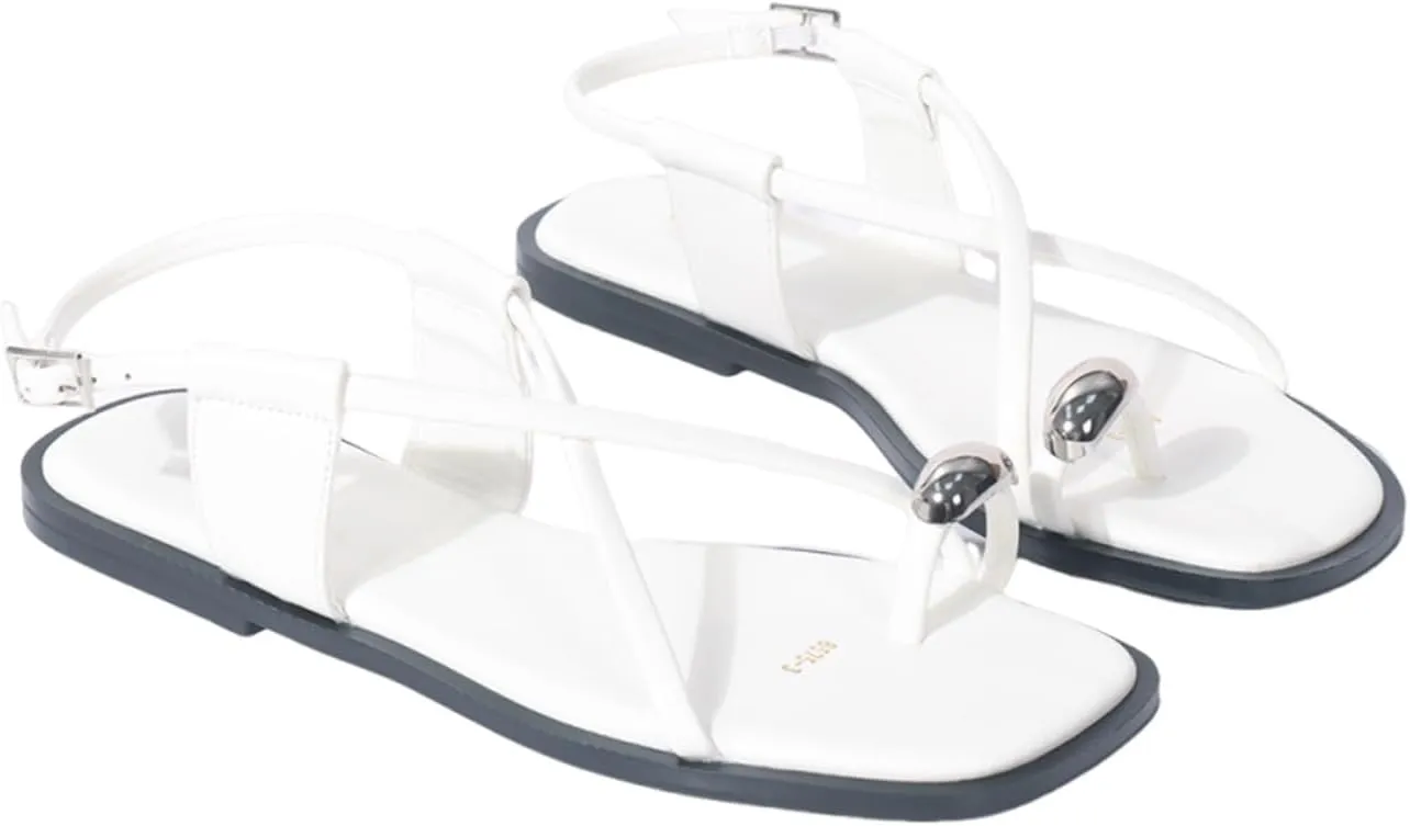 Women Leather Strappy Metal Button Toe Ring Sandals with Adjustable Ankle Buckle Open Toe Flat Summer Beach Casual Sandals