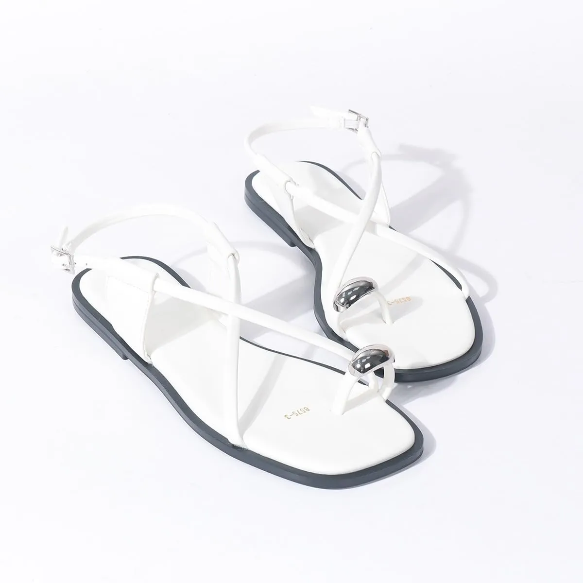 Women Leather Strappy Metal Button Toe Ring Sandals with Adjustable Ankle Buckle Open Toe Flat Summer Beach Casual Sandals