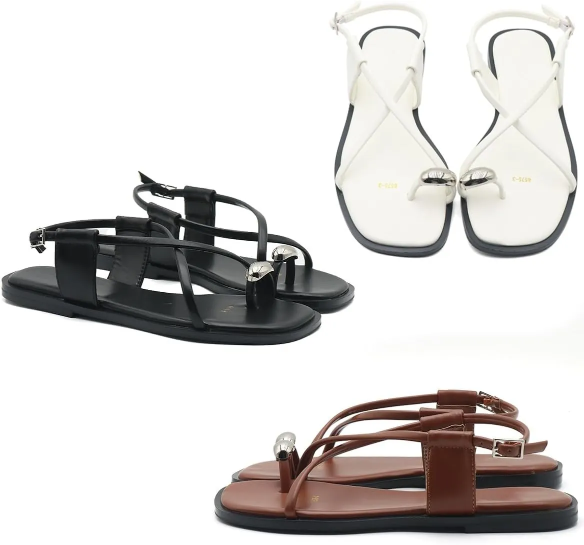 Women Leather Strappy Metal Button Toe Ring Sandals with Adjustable Ankle Buckle Open Toe Flat Summer Beach Casual Sandals