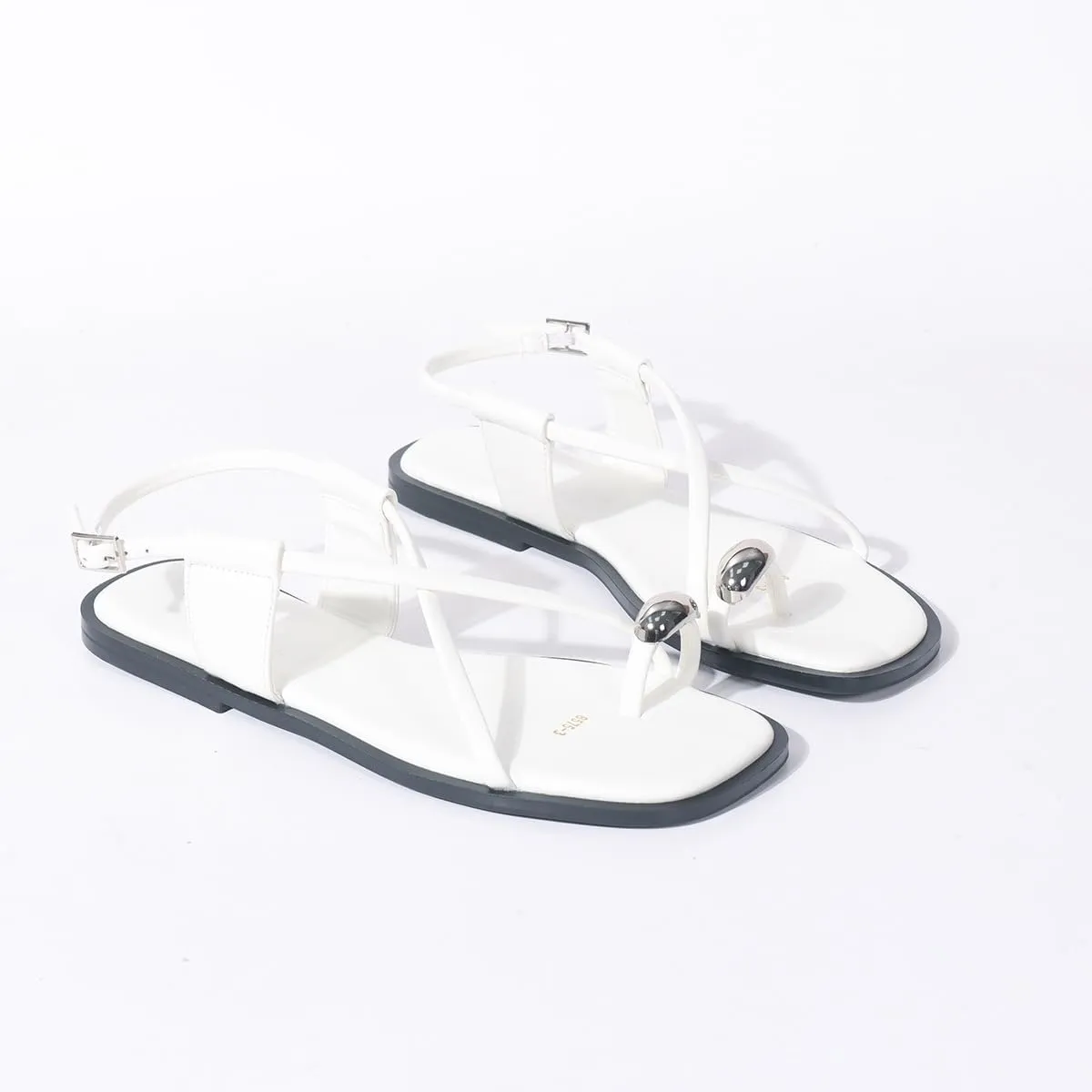 Women Leather Strappy Metal Button Toe Ring Sandals with Adjustable Ankle Buckle Open Toe Flat Summer Beach Casual Sandals