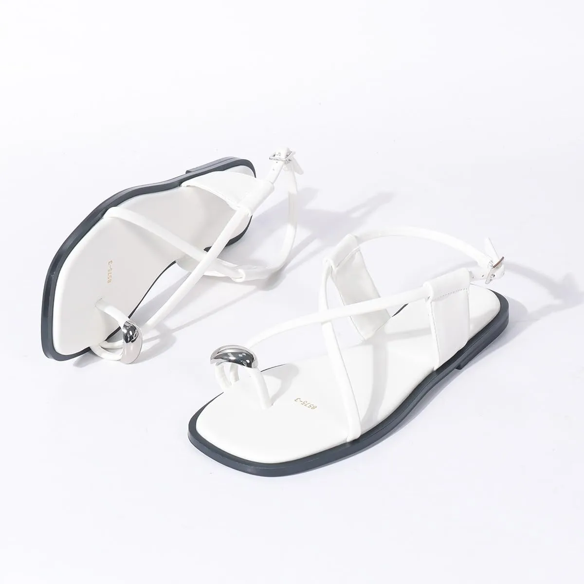 Women Leather Strappy Metal Button Toe Ring Sandals with Adjustable Ankle Buckle Open Toe Flat Summer Beach Casual Sandals