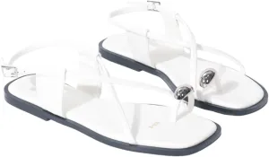 Women Leather Strappy Metal Button Toe Ring Sandals with Adjustable Ankle Buckle Open Toe Flat Summer Beach Casual Sandals