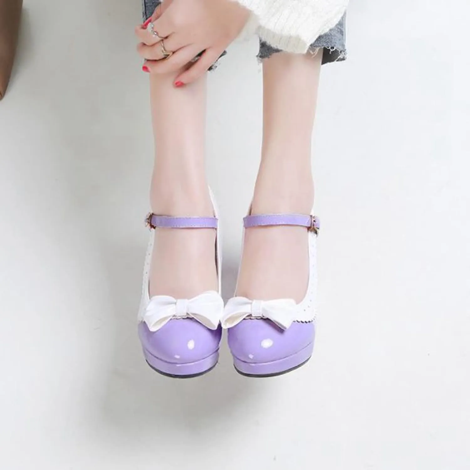 Women Platform High Chunky Heel Oxford Pumps Two Tone Fashion Round Toe Bow Ankle Strap Dress Shoes