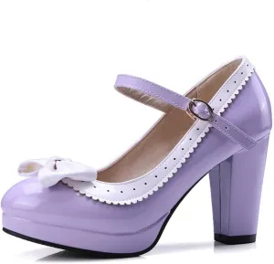 Women Platform High Chunky Heel Oxford Pumps Two Tone Fashion Round Toe Bow Ankle Strap Dress Shoes