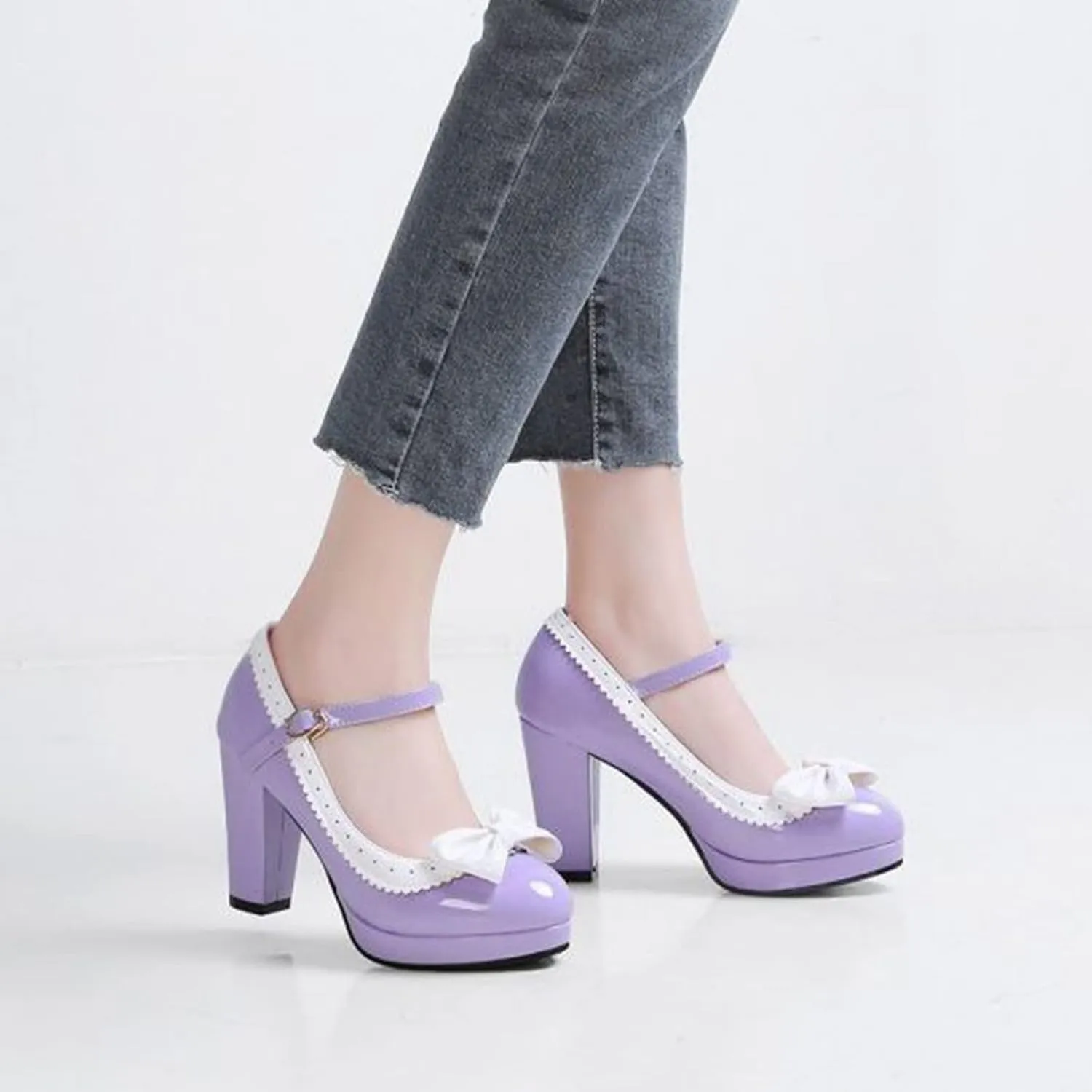 Women Platform High Chunky Heel Oxford Pumps Two Tone Fashion Round Toe Bow Ankle Strap Dress Shoes