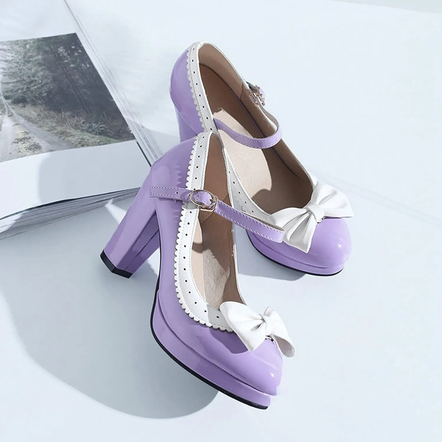 Women Platform High Chunky Heel Oxford Pumps Two Tone Fashion Round Toe Bow Ankle Strap Dress Shoes