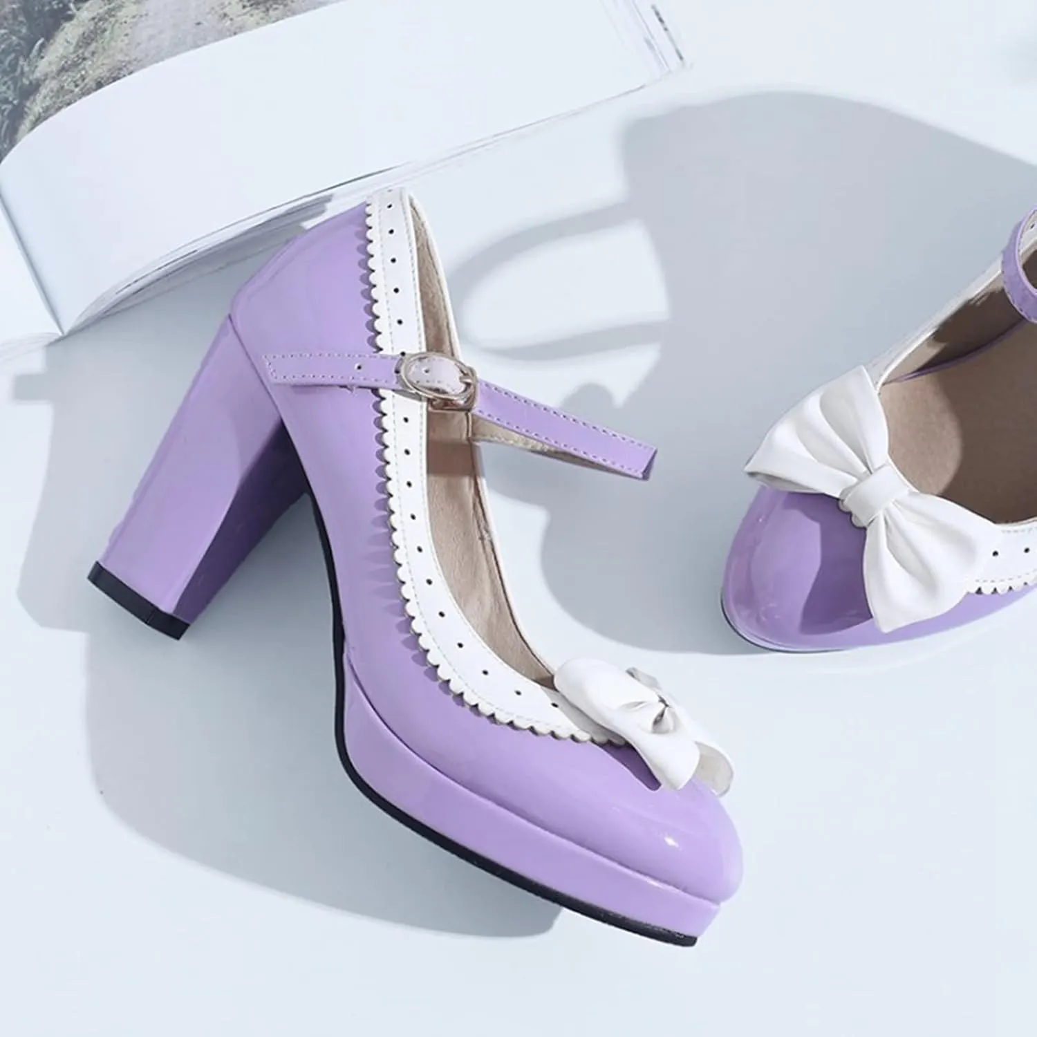 Women Platform High Chunky Heel Oxford Pumps Two Tone Fashion Round Toe Bow Ankle Strap Dress Shoes