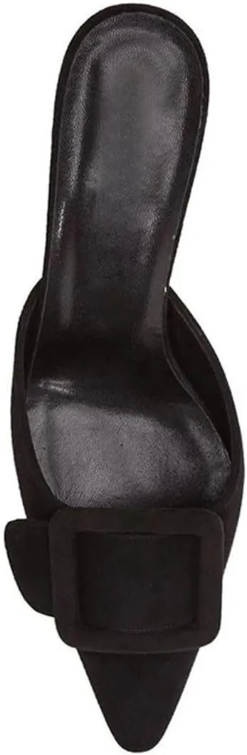 Women Pointed Toe Slingback Buckle Slip On Kitten Heel Flock Concise Mules for Daily Shopping and Walking