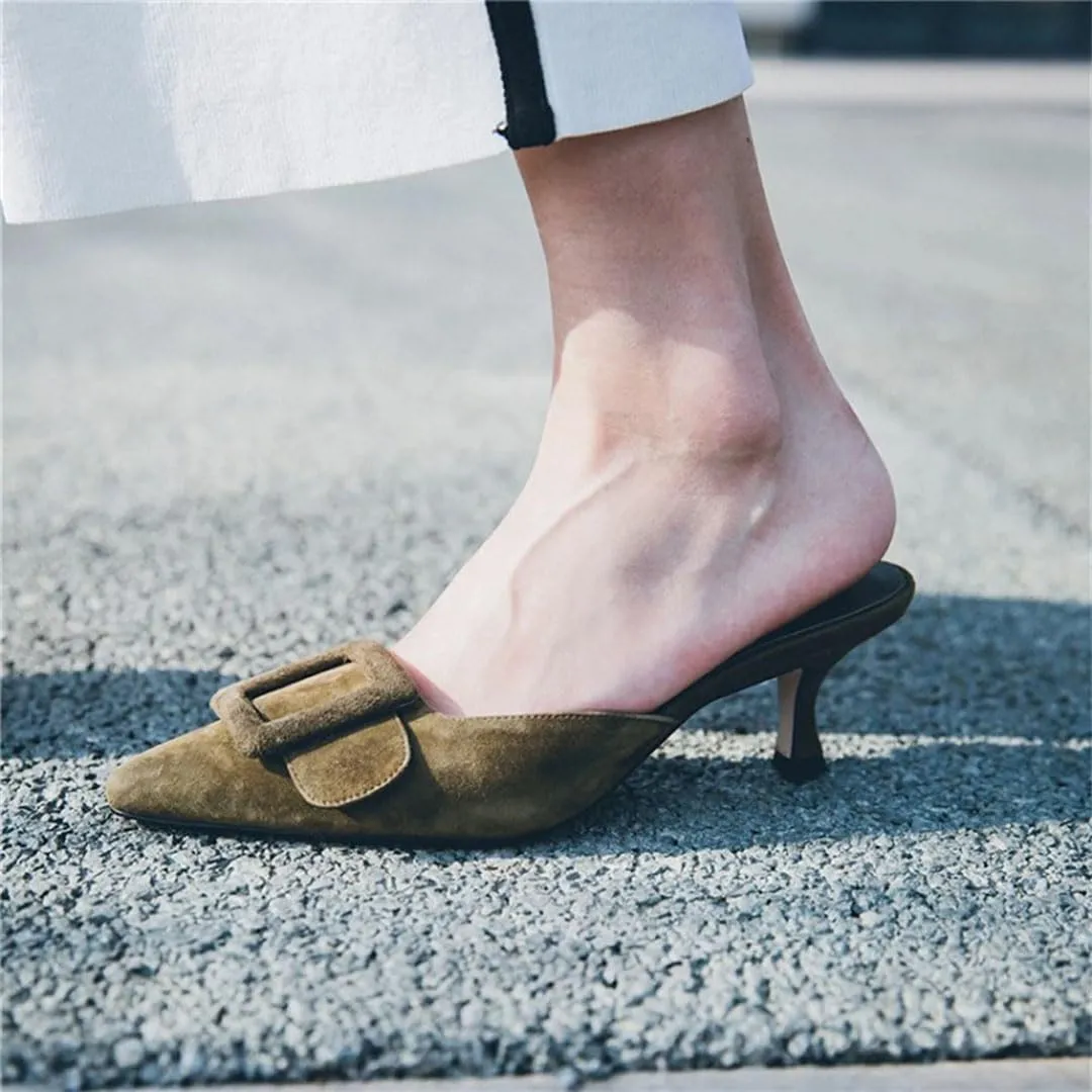 Women Pointed Toe Slingback Buckle Slip On Kitten Heel Flock Concise Mules for Daily Shopping and Walking