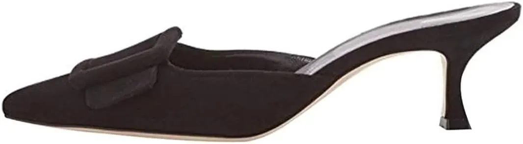 Women Pointed Toe Slingback Buckle Slip On Kitten Heel Flock Concise Mules for Daily Shopping and Walking