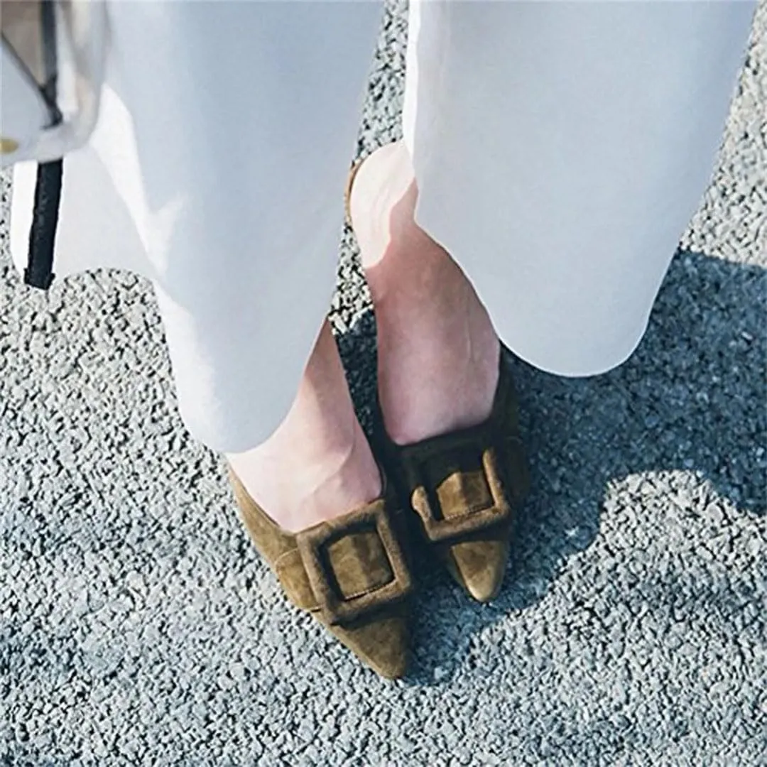 Women Pointed Toe Slingback Buckle Slip On Kitten Heel Flock Concise Mules for Daily Shopping and Walking