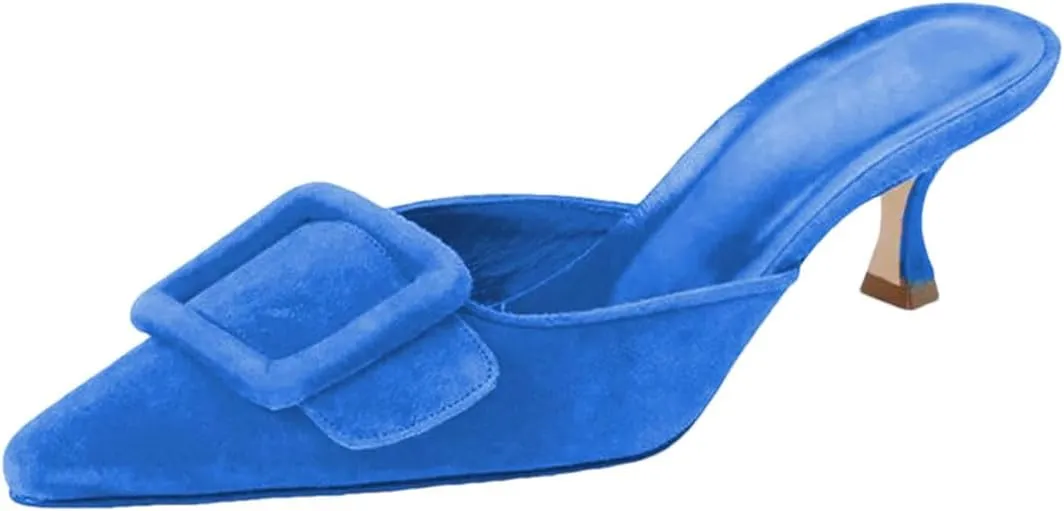 Women Pointed Toe Slingback Buckle Slip On Kitten Heel Flock Concise Mules for Daily Shopping and Walking