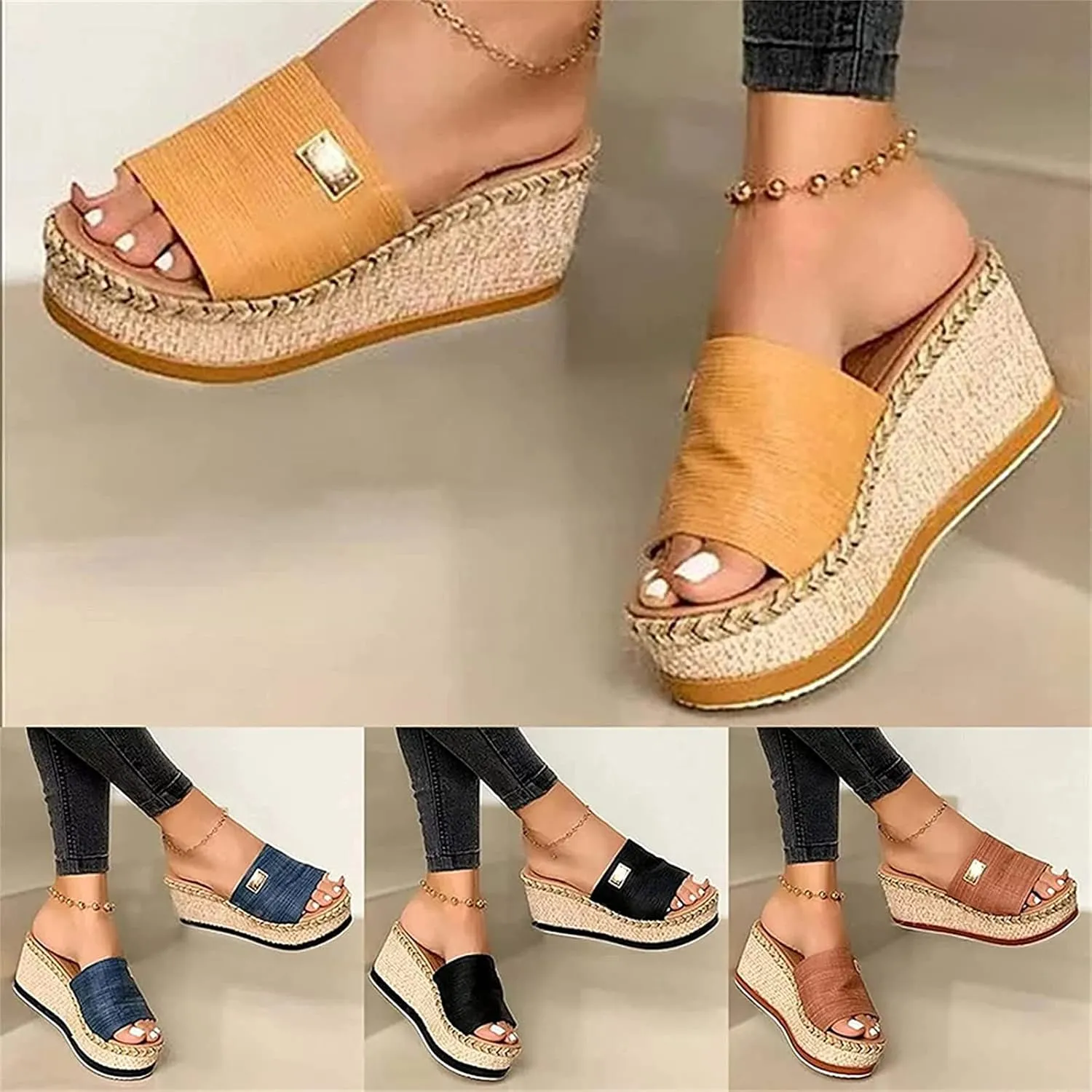 Women Wedges Platform Hessian Sandals Summer Open Toe Mules Slippers Ladies High Heel Thick Bottom Casual Slip on Slide Slippers Mules Comfy Beach Walking Shoes,Black,US10/EU41