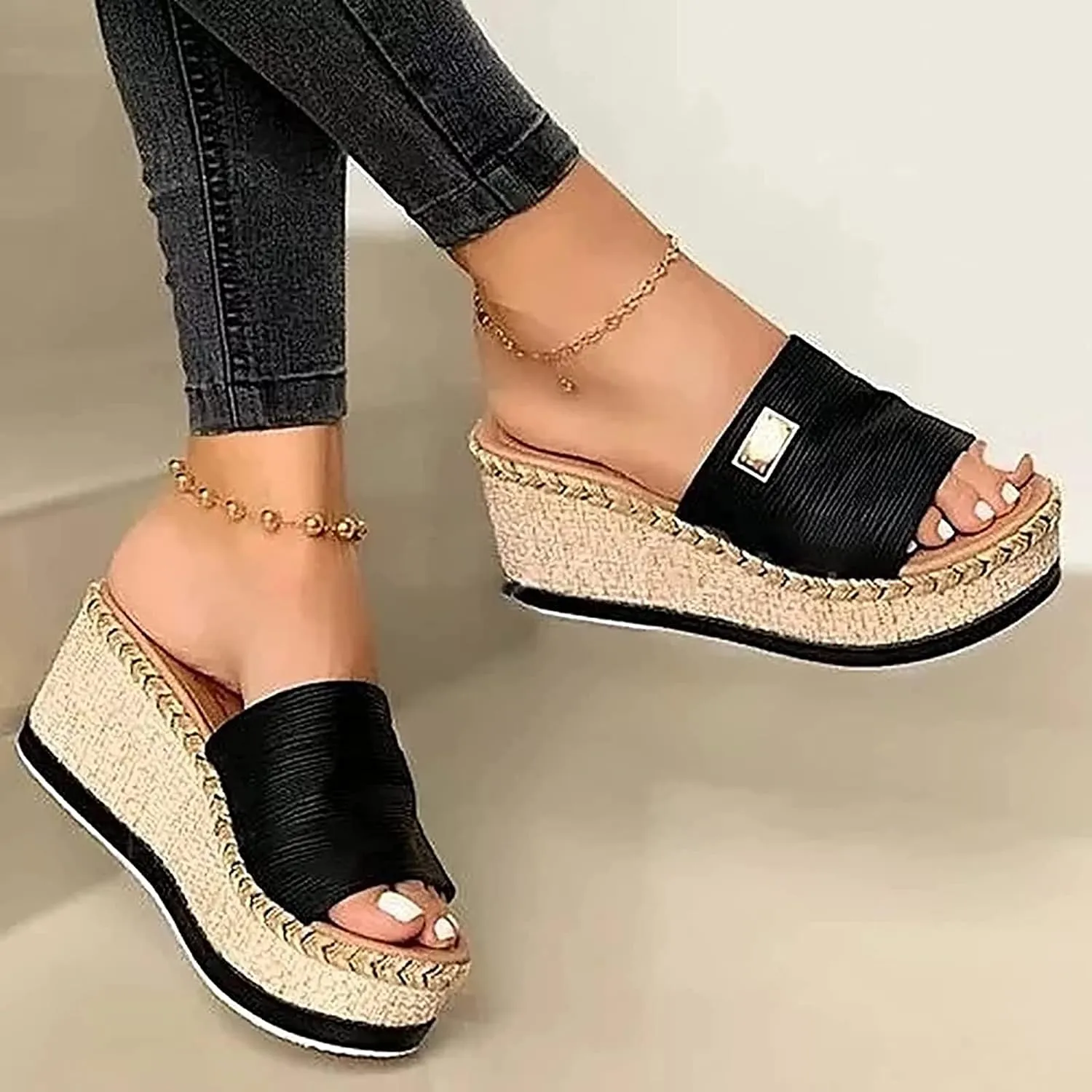 Women Wedges Platform Hessian Sandals Summer Open Toe Mules Slippers Ladies High Heel Thick Bottom Casual Slip on Slide Slippers Mules Comfy Beach Walking Shoes,Black,US10/EU41