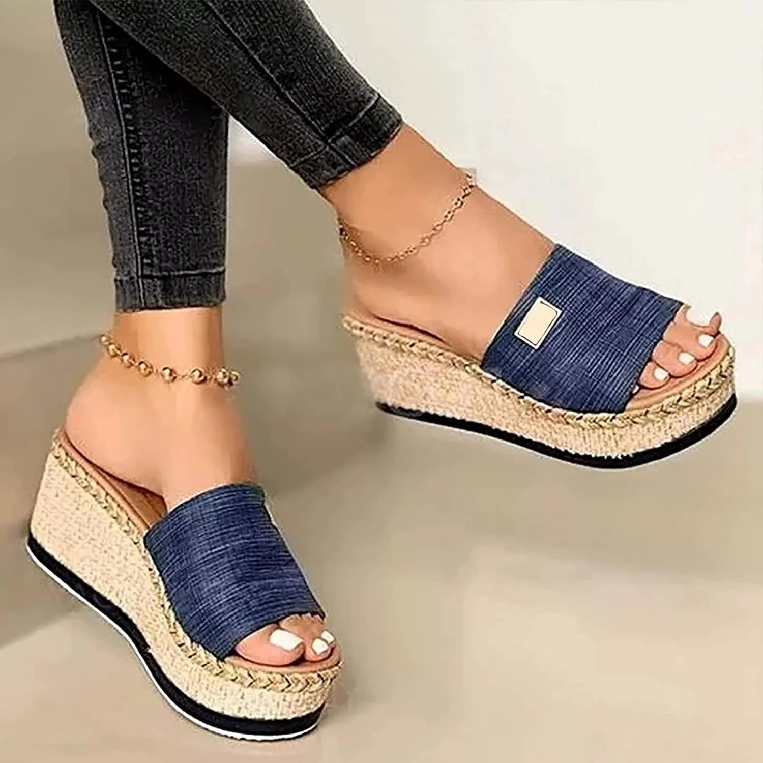 Women Wedges Platform Hessian Sandals Summer Open Toe Mules Slippers Ladies High Heel Thick Bottom Casual Slip on Slide Slippers Mules Comfy Beach Walking Shoes,Black,US10/EU41